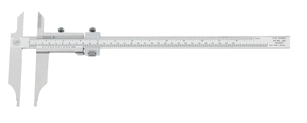 Werkstattmessschieber mit Messspitzen, Feineinstellung und Feststellschraube, Ablesung 1/20 mm