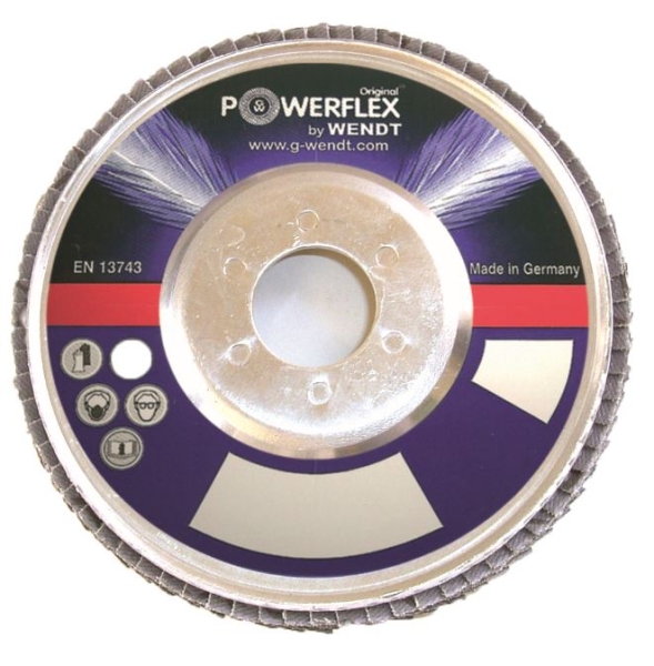 F&auml;cherschleifscheiben Powerflex mit Zirkonkorund Typ A27 (konisch 8&deg;), &Oslash; 100 mm, Bohrung 16,0 mm, Aluminiumteller