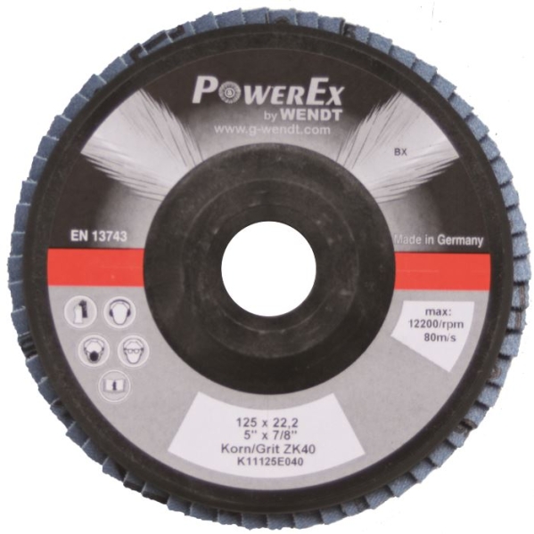 F&auml;cherschleifscheiben PowerEx mit Zirkonkorund Typ K11 (flach), &Oslash; 115 mm, Bohrung 22,23 mm, Kunststoffteller