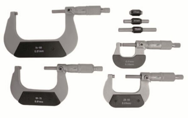 B&uuml;gelmessschrauben-Set, Messbereich 0 - 25 - 50 - 75 - 100 mm, DIN 863-1, im Holzetui