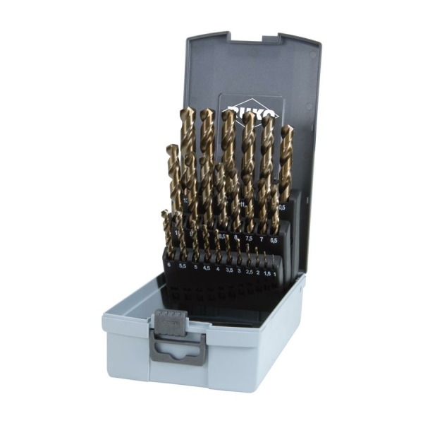HSS-Co5 Spiralbohrer-Satz 24 teilig. &Oslash; 1,0 - 10,0 mm (0,5 mm steigend), DIN 338, Typ VA, inkl. &Oslash; 3,3/4,2/6,8/10,2/10,5 mm in Kunststoffkassette