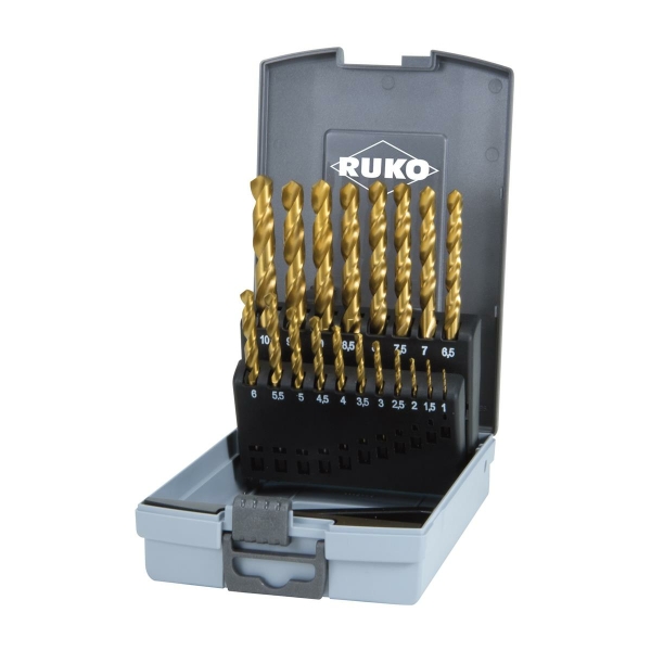 HSS-G Spiralbohrer-Satz 19 teilig, &Oslash; 1,0 - 10,0 mm mit TiN Beschichtung, DIN 338, Typ N, 0,5 mm steigend in Kunststoffkassette
