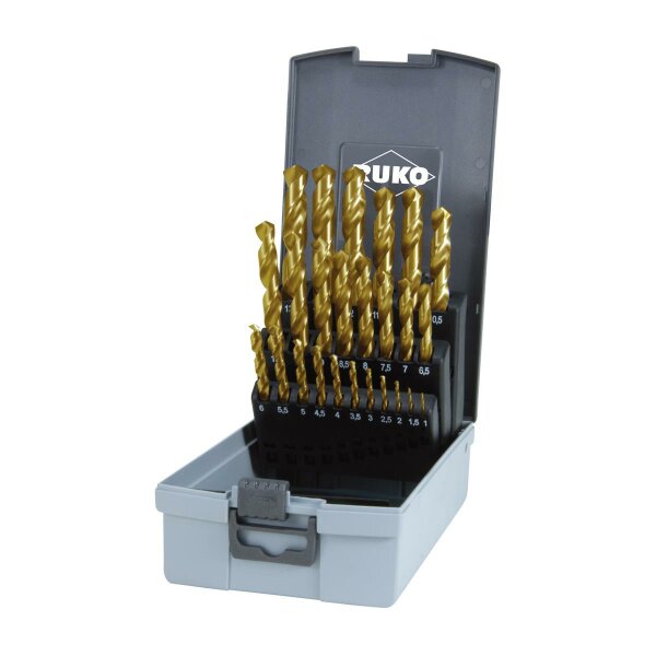 HSS-G Spiralbohrer-Satz 25 teilig, &Oslash; 1,0 - 13,0 mm mit TiN Beschichtung, DIN 338, Typ N, 0,5 mm steigend in Kunststoffkassette